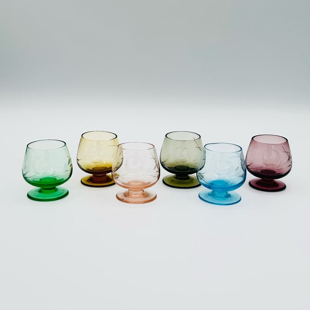 Vintage Set of Six Miniature Shot Glasses With Etched Detail